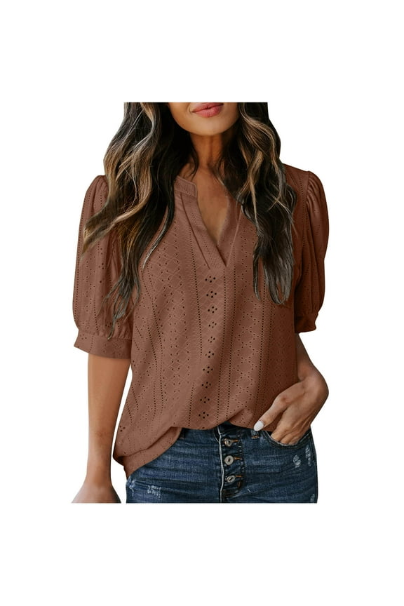 Summer Shirts For Women Sevevn Women's Fashion Casual Short Sleeve Solid Colour V-Neck Blouse