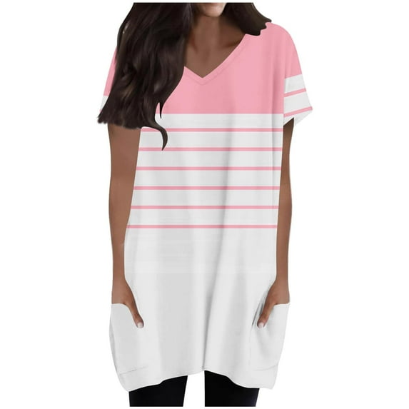 Summer Shirts For Women Sevevn Women's Fashionable Printed Double Pocket Short Sleeved V-Neck T-Shirt