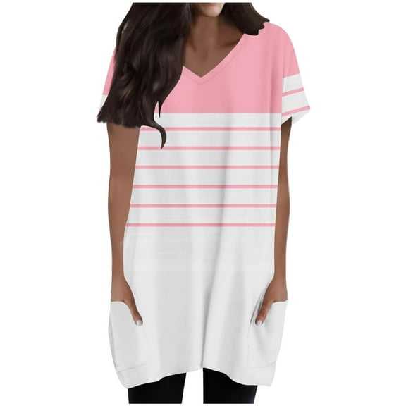 Summer Shirts For Women Sevevn Women's Fashionable Printed Double Pocket Short Sleeved V-Neck T-Shirt