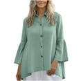 thumbnail image 1 of Summer Shirts For Women Sevevn Women's Linen Bell Sleeve Button Down Blouse Oversized Loose Fit Collared Tunic Top Green L, 1 of 5