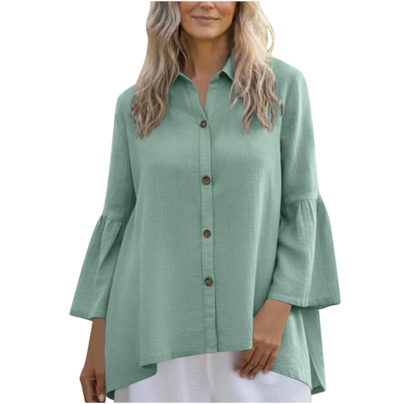 Summer Shirts For Women Sevevn Women's Linen Bell Sleeve Button Down Blouse Oversized Loose Fit Collared Tunic Top Green L