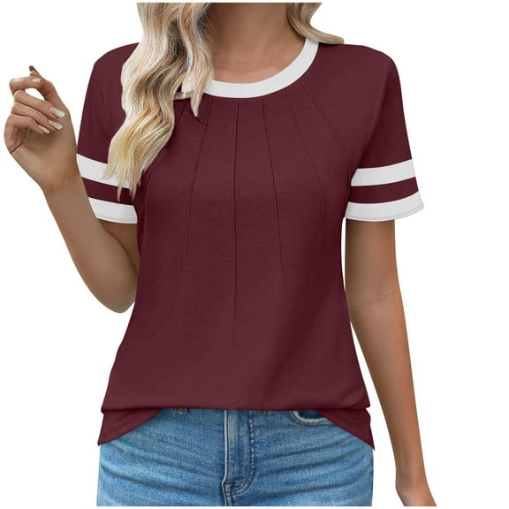 Summer Shirts For Women Sevevn Womens T-Shirts Loose Fit Short Sleeve Tees Crew Neck Color Block Summer Tops 2025 Fashion Womens Shirts Casual