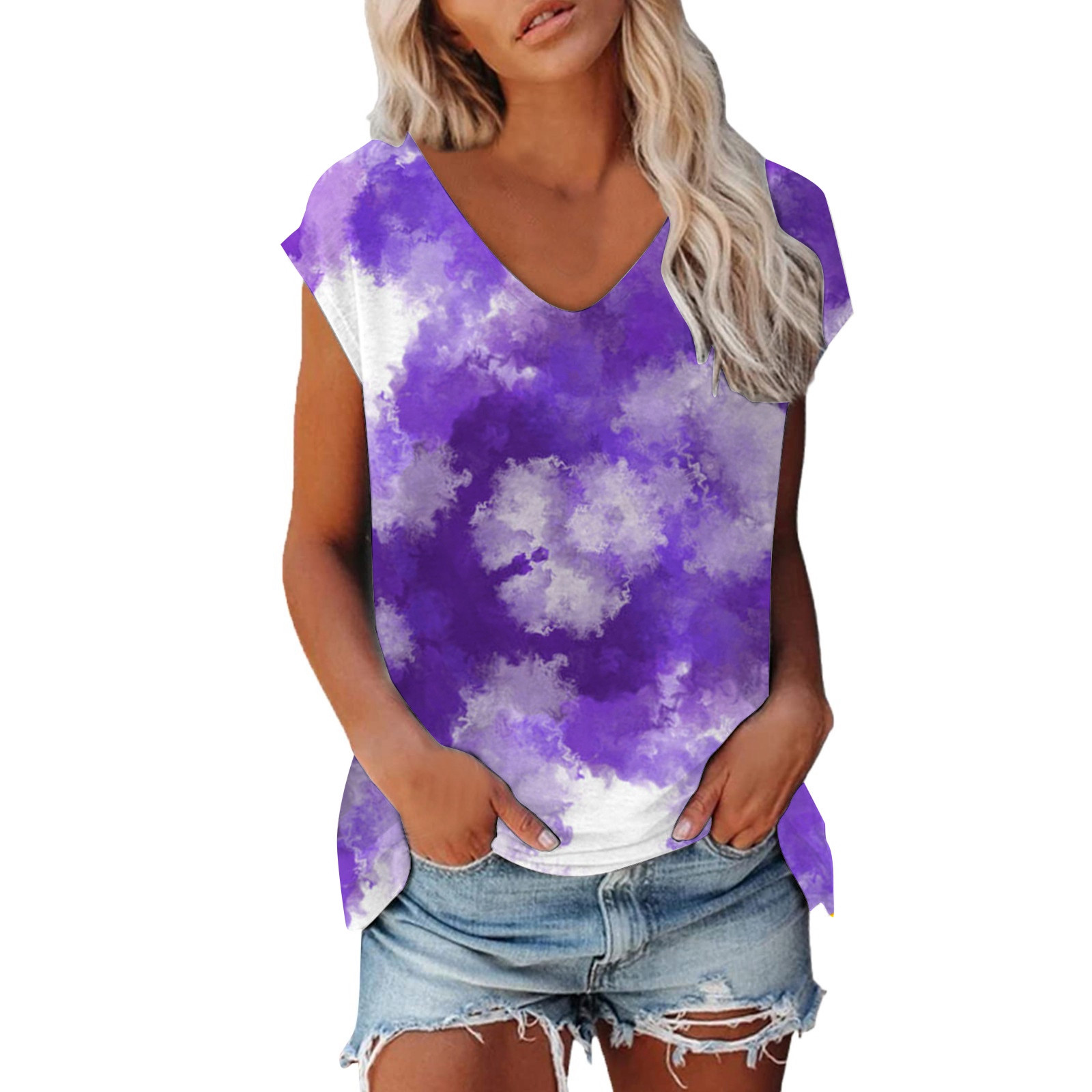 Summer Shirts For Women,Women's Fashion Summer Printed V Neck Short Sleeve Casual Top T Shirt,Dress Shirts For Women(Color:Purple,Size:M)