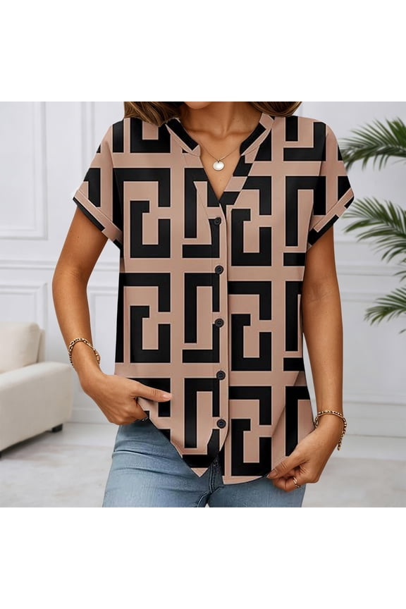 Summer Shirts Smart Casual Blouses V Neck Short Sleeve Button Down Solid Tops for Commute Office Meeting Fashion Shirt
