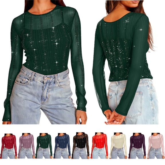 Summer Shirts for Women Women's Solid Elegant Sparkling Party Cocktail Party Elastic Mesh Hot Long Sleeved Crew Neck Body Casual Lightweigh Undercover And Outerwear Pullover Tops Green L