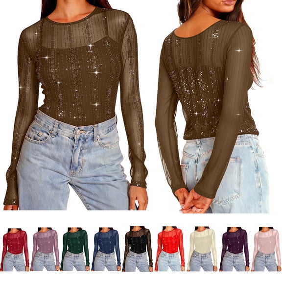 Summer Shirts for Women Women's Solid Elegant Sparkling Party Cocktail Party Elastic Mesh Hot Long Sleeved Crew Neck Body Casual Lightweigh Undercover And Outerwear Pullover Tops Coffee 2XL