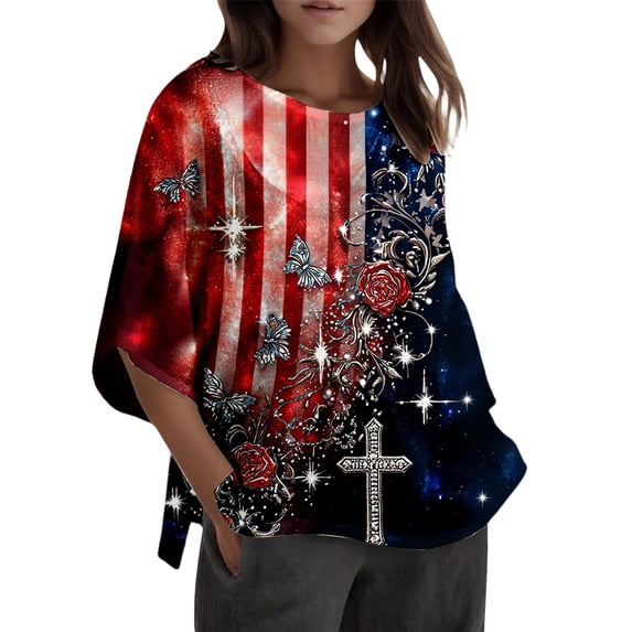 Summer Shirts for Women Women's Stars and Stripes Crew Neck Elbow Length Sleeve T Shirt Patriotic Graphic Fourth of July Print Casual Short Sleeve Tee Comfortable Blend Top Multicolour L