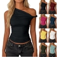 thumbnail image 1 of Summer Shirts Womens One Shoulder Tops Sleeveless Slim Fit Ruched Tees Twist Strap Trendy Going Out Outfits (XL, Black), 1 of 7