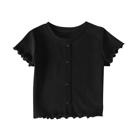Summer Shirts for Girls Crewneck Ruffle Short Sleeve Tees Casual Button Flounce T-shirts