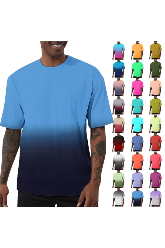 Summer Shirts for Men Blue Short Sleeve Crew Neck Gradient T Shirt S-5XL Men’s clothes under $7
