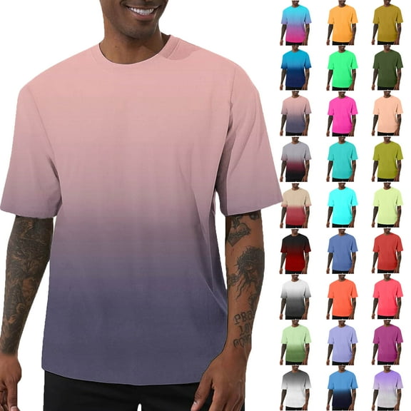 Summer Shirts for Men Pink Short Sleeve Crew Neck Gradient T Shirt S-5XL Men’s clothes under $7