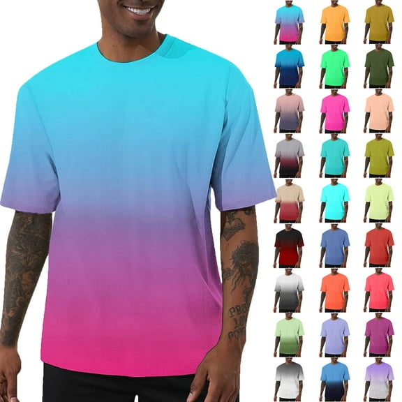 Summer Shirts for Men Sky Blue Short Sleeve Crew Neck Gradient T Shirt S-5XL Men’s clothes under $7