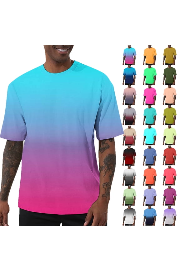 Summer Shirts for Men Sky Blue Short Sleeve Crew Neck Gradient T Shirt S-5XL Men’s clothes under $7