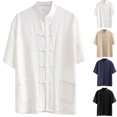 thumbnail image 1 of Summer Shirts for Men Solid Color Cotton Linen Blend Short Sleeve Shirt, Loose Fit with Frog Buttons and Pockets, 1 of 6
