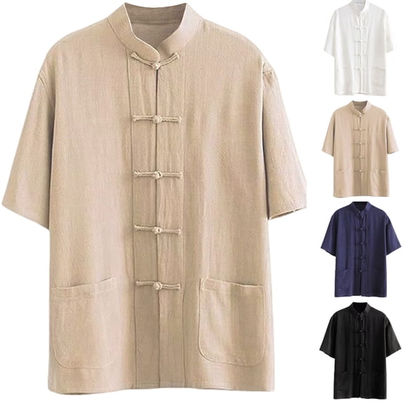 Summer Shirts for Men Solid Color Cotton Linen Blend Short Sleeve Shirt, Loose Fit with Frog Buttons and Pockets