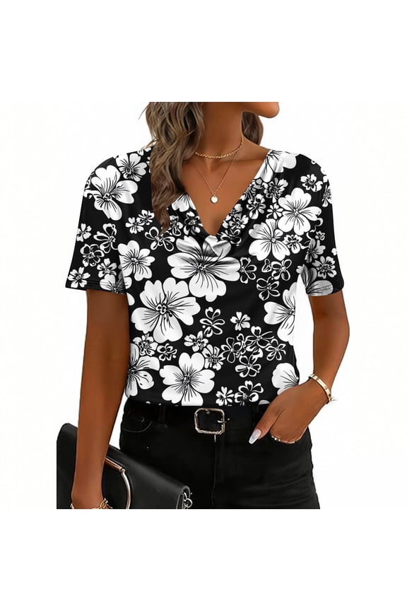 Summer Shirts for Women Plus Size Cowl Neck Floral Print Short Sleeve T Shirt Top Casual Oversized Loose Fits Breathable Draped Neck Tee Shirt