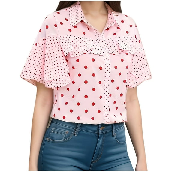 Summer Shirts for Women Polka Dot V Neck Button T-Shirt Loose Fit Casual Business Work Blouse Basic Tee