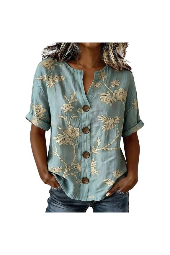 Summer Shirts for Women Smart Casual Short Sleeve Printed Button down Blouse with A V Neck for Summer Days And Vacation Packing Tops for Women