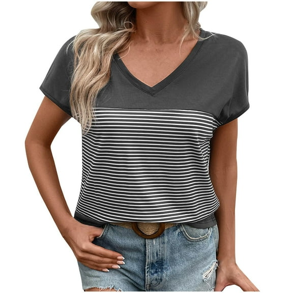 Summer Shirts for Women V-Neck Short Sleeve T-Shirts Summer Casual Vocation Beach Stripe Tops