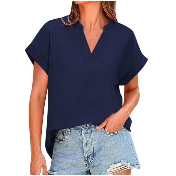 Summer Shirts for Womens Fashion Plus Size Short Sleeve Casual Flax V-Neck Solid Color Loose Fashion For Women