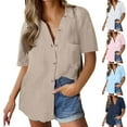 thumbnail image 1 of Summer Shirts for Womens Fashion Plus Size Solid Color Linen Shirt Button Up Shirt Short Sleeved Loose Collared Casual, 1 of 9