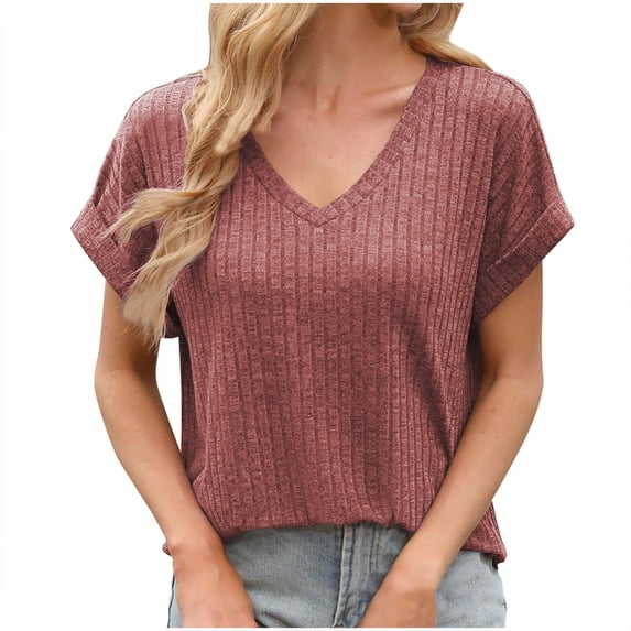 Summer Shirts for Womens Fashion Plus Size Solid Color V-neck Stripe Knitted Short Sleeved With A Slit At The Hem