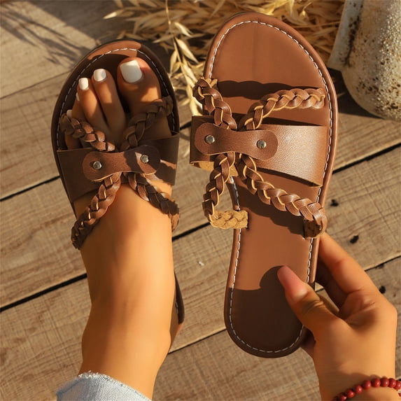 Summer Shoes for Women,Cute Sandals for Women,Walking Sandals Women,Women's Sandals,Flat Sandals for Women,Women's Braided Slide Sandals Open Toe Slip On Flat Sandals Casual Summer Sandals,Brown,6
