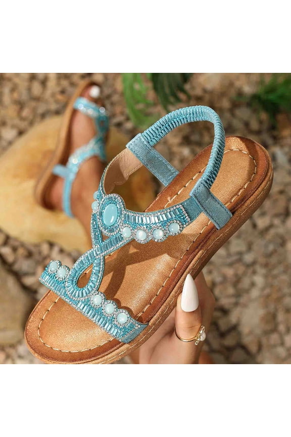 Summer Shoes for Women Rhinestone Beaded Bohemian Summer Shoes Elastic T Strap Flat Open Toe Summer Shoes Beach Vacation Travel Footwear