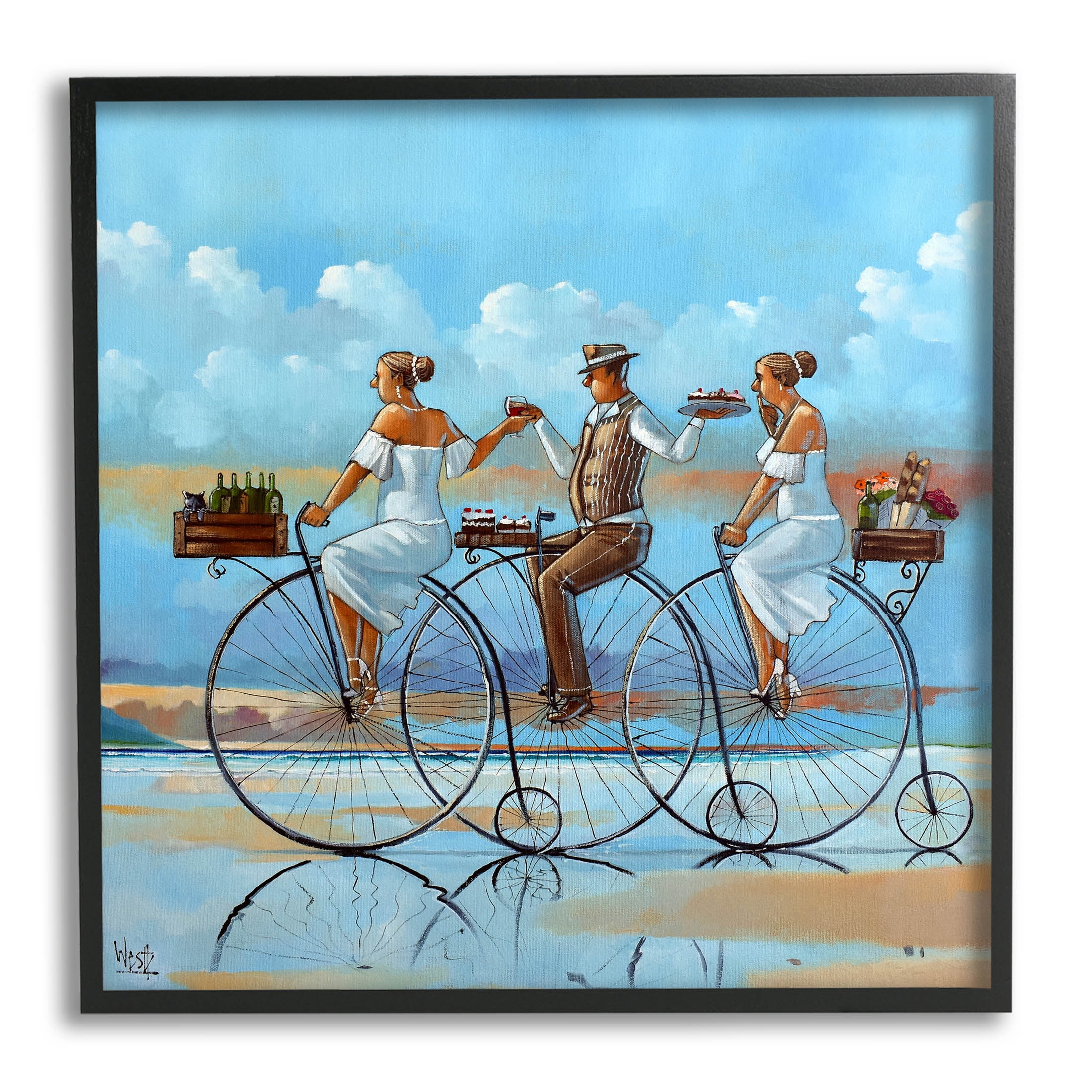 Summer Shore Bicycle Ride Coastal Painting Black Framed Art Print Wall Art