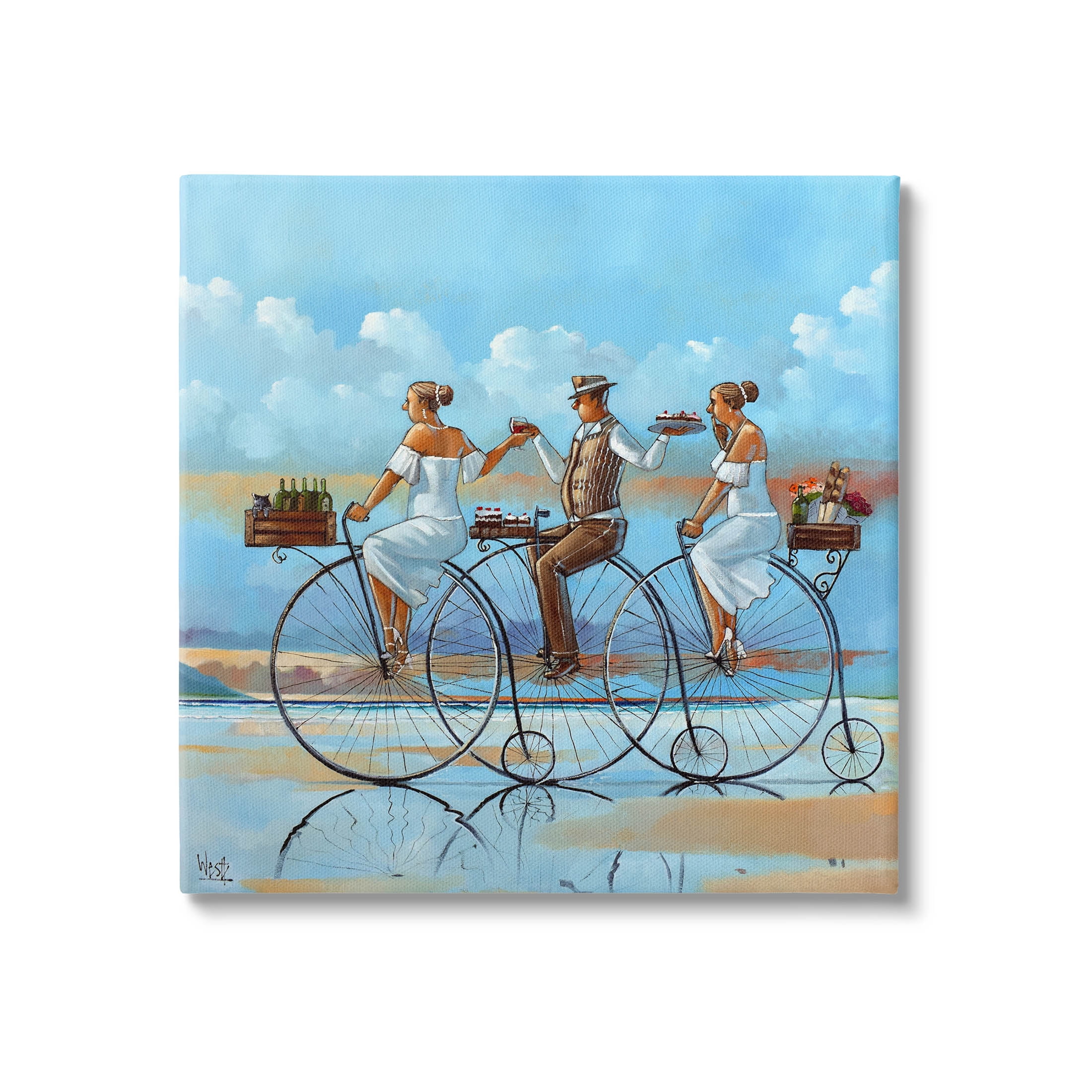 Summer Shore Bicycle Ride Coastal Painting Gallery Wrapped Canvas Print Wall Art