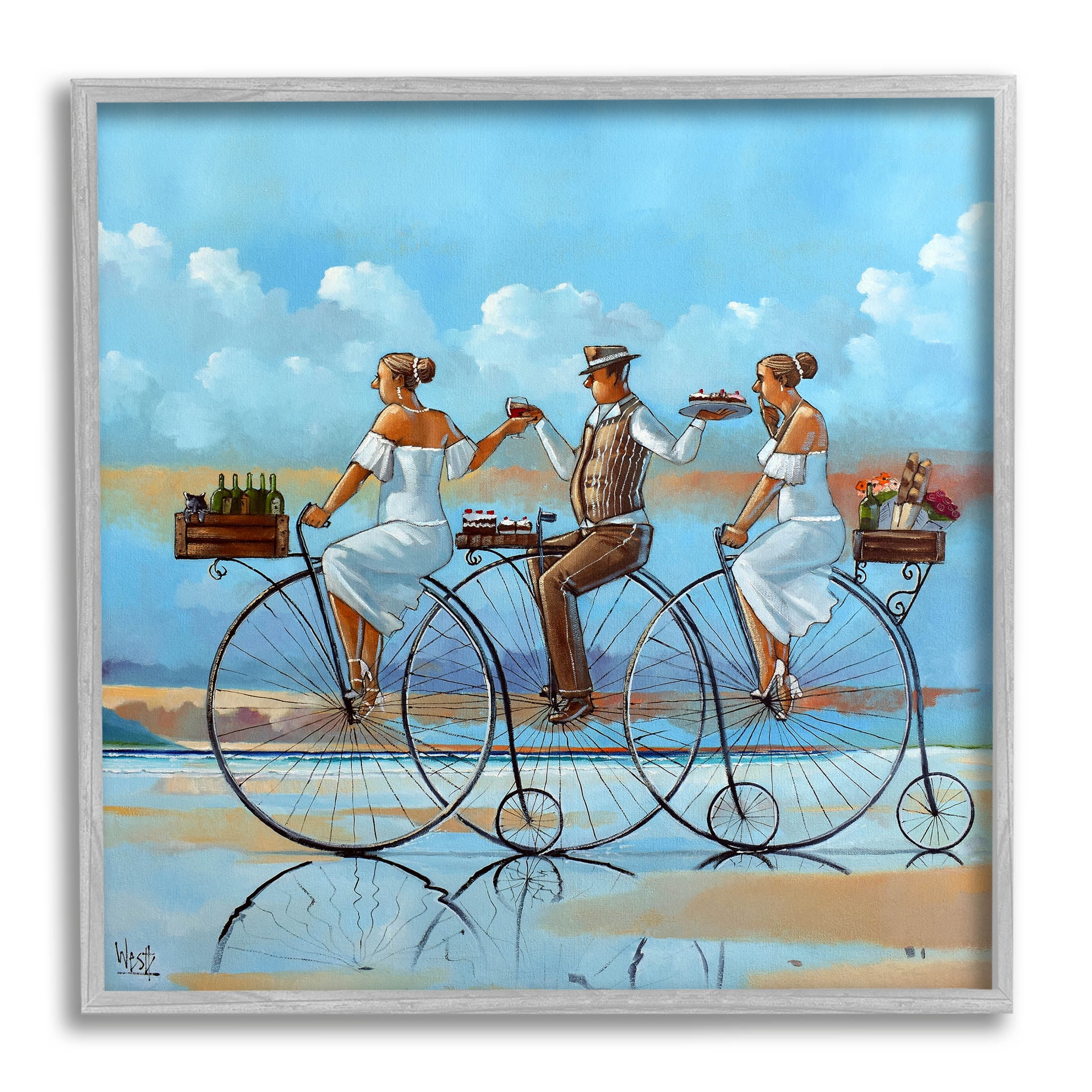 Summer Shore Bicycle Ride Coastal Painting Gray Framed Art Print Wall Art