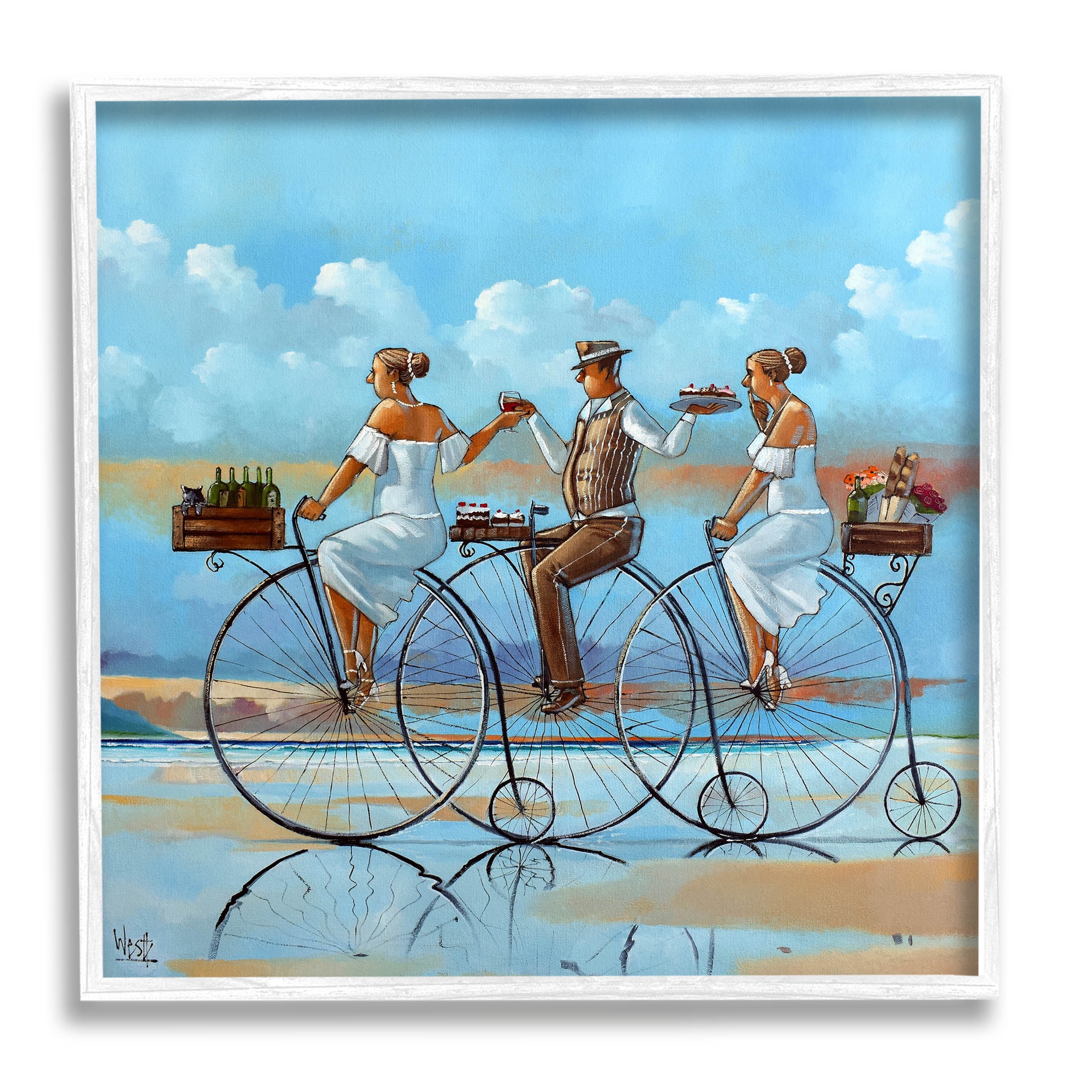 Summer Shore Bicycle Ride Coastal Painting White Framed Art Print Wall Art