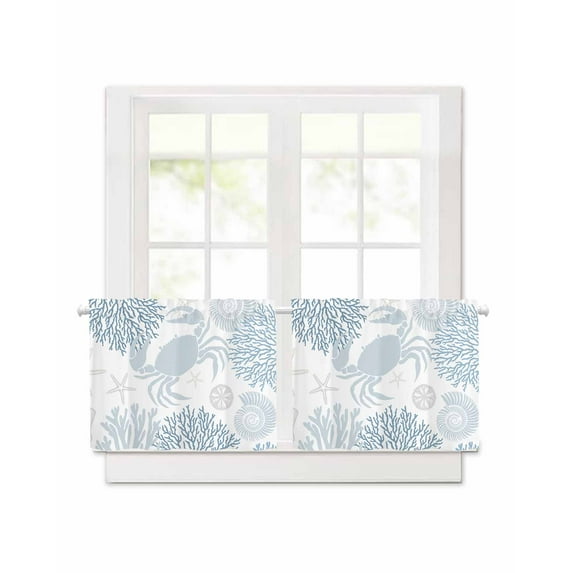 Summer Short Blackout Curtains 24 Inch Long Blue Grey Crab Coral Seashell Nautical Coastal Ocean Rod Pocket Kitchen Curtains, 2 Panels Thermal Insulated Room Darkening Drapes for Bedroom, 30"W x 24"L