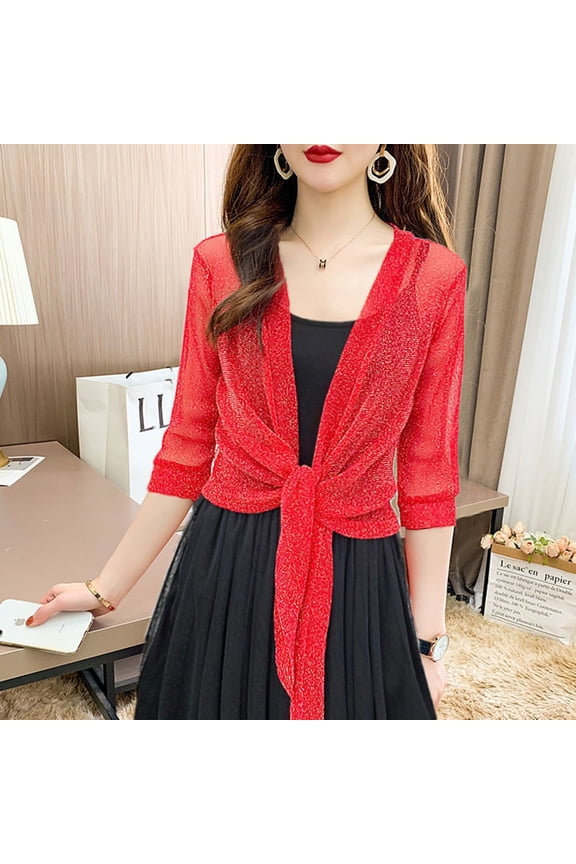 Summer Short Coat Half Sleeve See-Through Front Tie Short With Lace Sunscreen