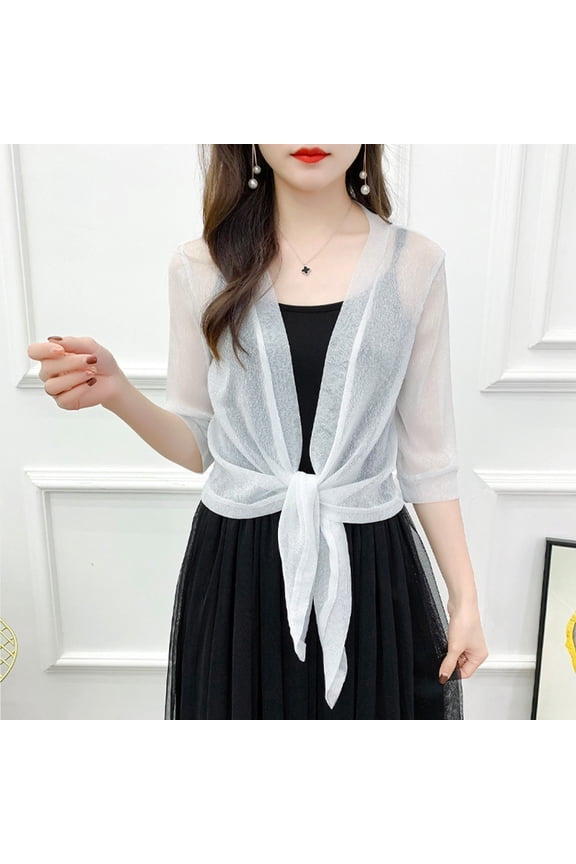Summer Short Coat Half Sleeve See-Through Front Tie ShortWith Lace Sunscreen
