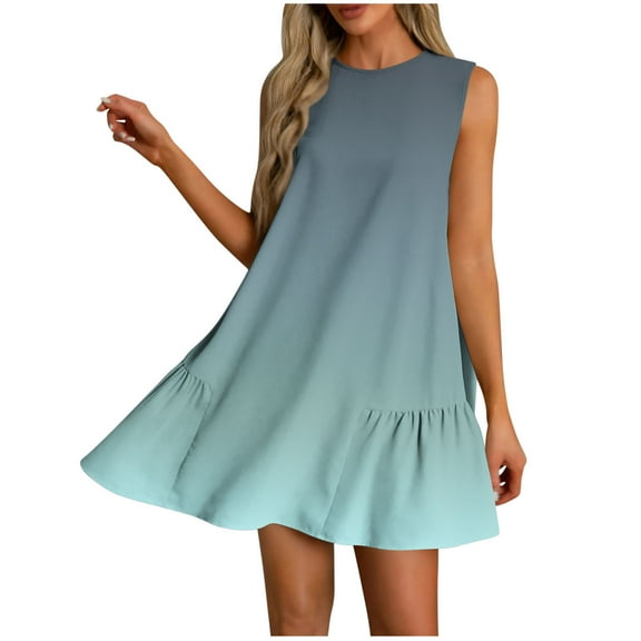 Summer Short Dress Womens Trendy Casual Gradient Color Sundress with Pockets Pleated Swing A-line Tank Dresses (M, Light Blue)