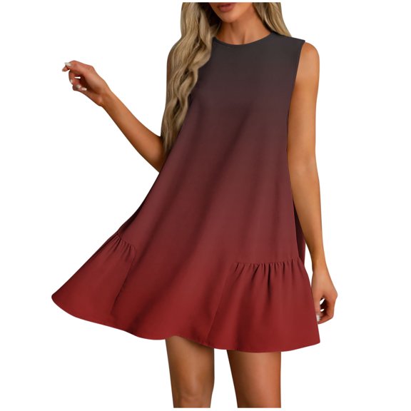 Summer Short Dress Womens Trendy Casual Gradient Color Sundress with Pockets Pleated Swing A-line Tank Dresses (XL, Red)