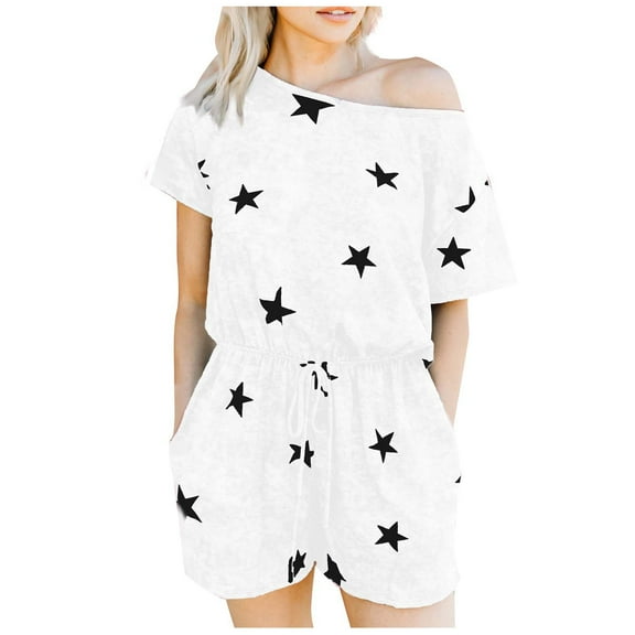 Summer Short Jumpsuits for Women Short Sleeve Off Shoulder Trendy Print Loose Elastic Waist Pockets Shorts Rompers