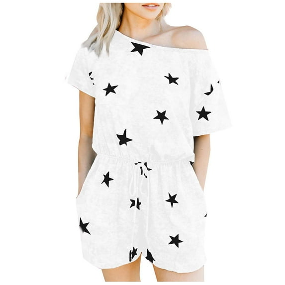 Summer Short Jumpsuits for Women Short Sleeve Off Shoulder Trendy Print Loose Elastic Waist Pockets Shorts Rompers