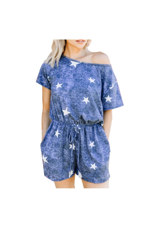 Summer Short Jumpsuits for Women Short Sleeve Off Shoulder Trendy Print Loose Elastic Waist Pockets Shorts Rompers