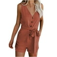 thumbnail image 1 of Summer Short Jumpsuits for Women Sleeveless V Neck Button Belted Rompers Loose Plus Size Shorts Playsuits with Pockets, 1 of 6