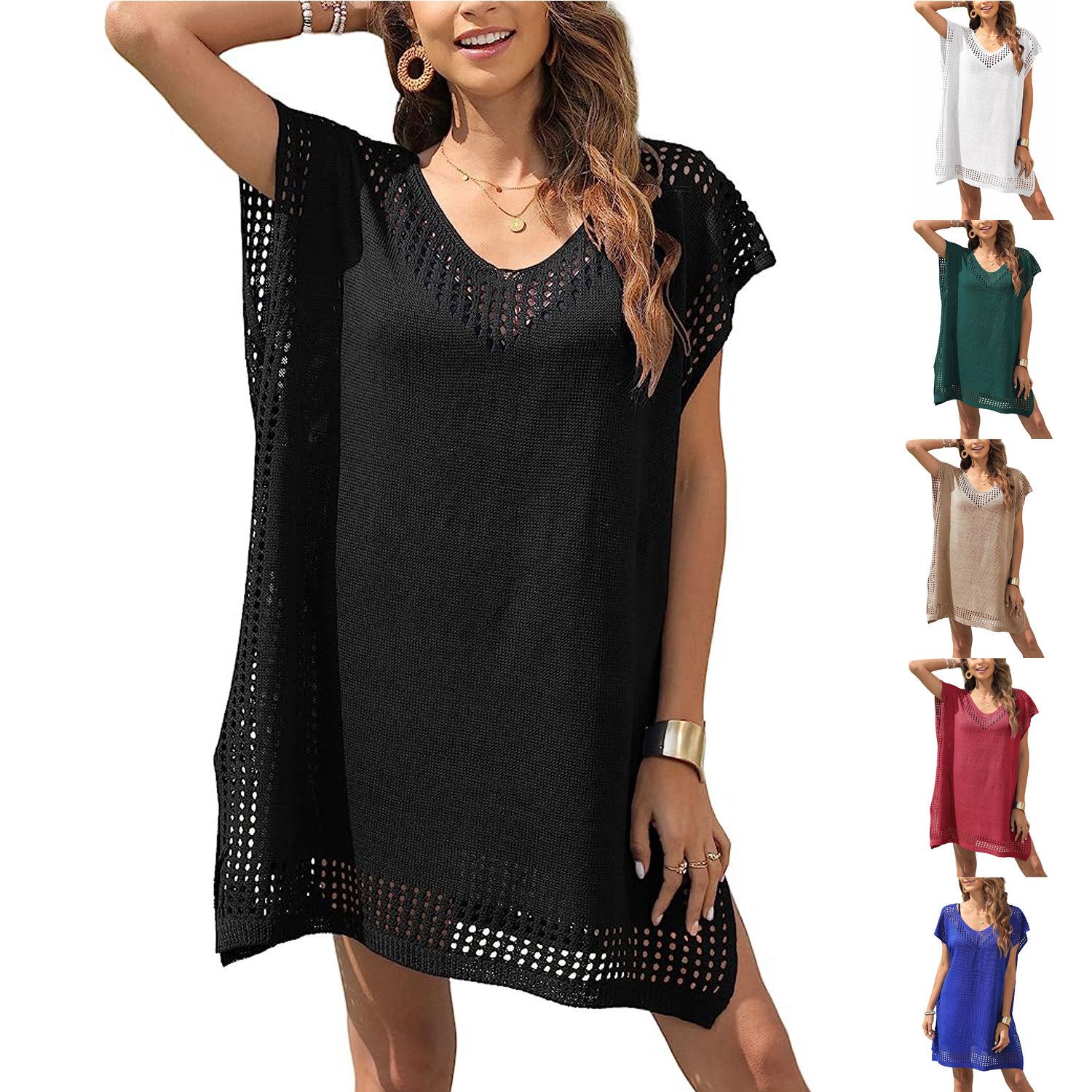 Summer Short KneeLength Swimsuit Bikini Cover up Beach Poncho VNeck