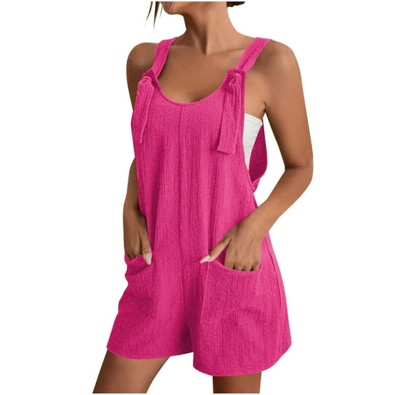 Summer Short Romper for Women Casual Loose Knot Front Sleeveless Jumpsuit with Pockets