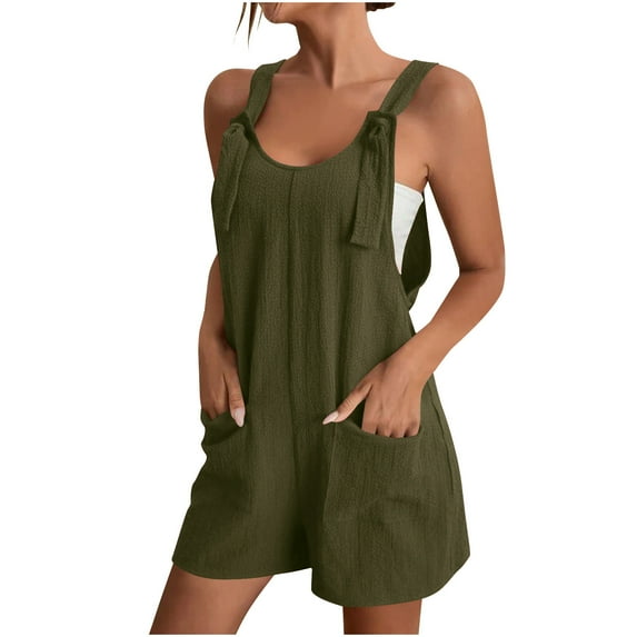 Summer Short Romper for Women Casual Loose Knot Front Sleeveless Jumpsuit with Pockets