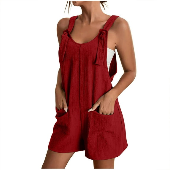 Summer Short Romper for Women Loose Knot Front Sleeveless Wide Leg Jumpsuit with Pockets