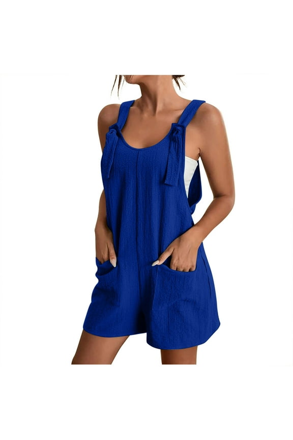 Summer Short Romper for Women Loose Knot Front Sleeveless Wide Leg Jumpsuit with Pockets