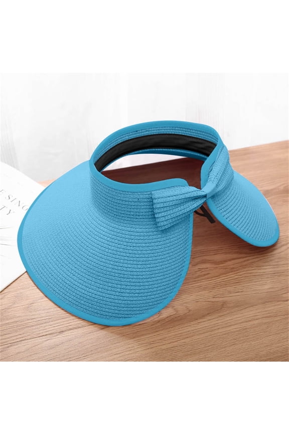 Summer Short Sleeve Beach Foldable Sun Hats for Women Blue Visor Wide Brim Straw Visors Womens Roll Up Hat