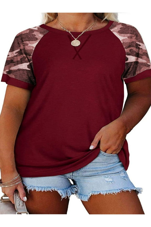 Summer Short Sleeve Camouflage Printing Plus Size T-Shirt Women Casual Patchwork Tops