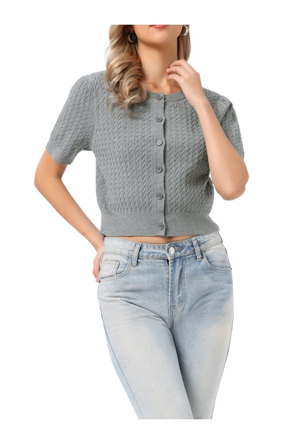 Summer Short Sleeve Cardigans Sweater Casual Cable Knit Button Down Crewneck Lightweight Sweater Tops L Grey