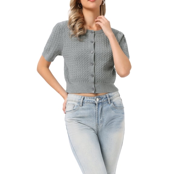 Summer Short Sleeve Cardigans Sweater Casual Cable Knit Button Down Crewneck Lightweight Sweater Tops M Grey